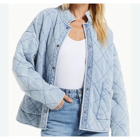 Z SUPPLY Maya Knit Denim Quilted Jacket Washed Indigo Size Large - Picture 1 of 7